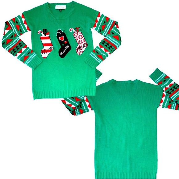 With Love, Derek Size M Naughty & Nice Appliquéd Sockings on Green Sweater - Picture 3 of 4